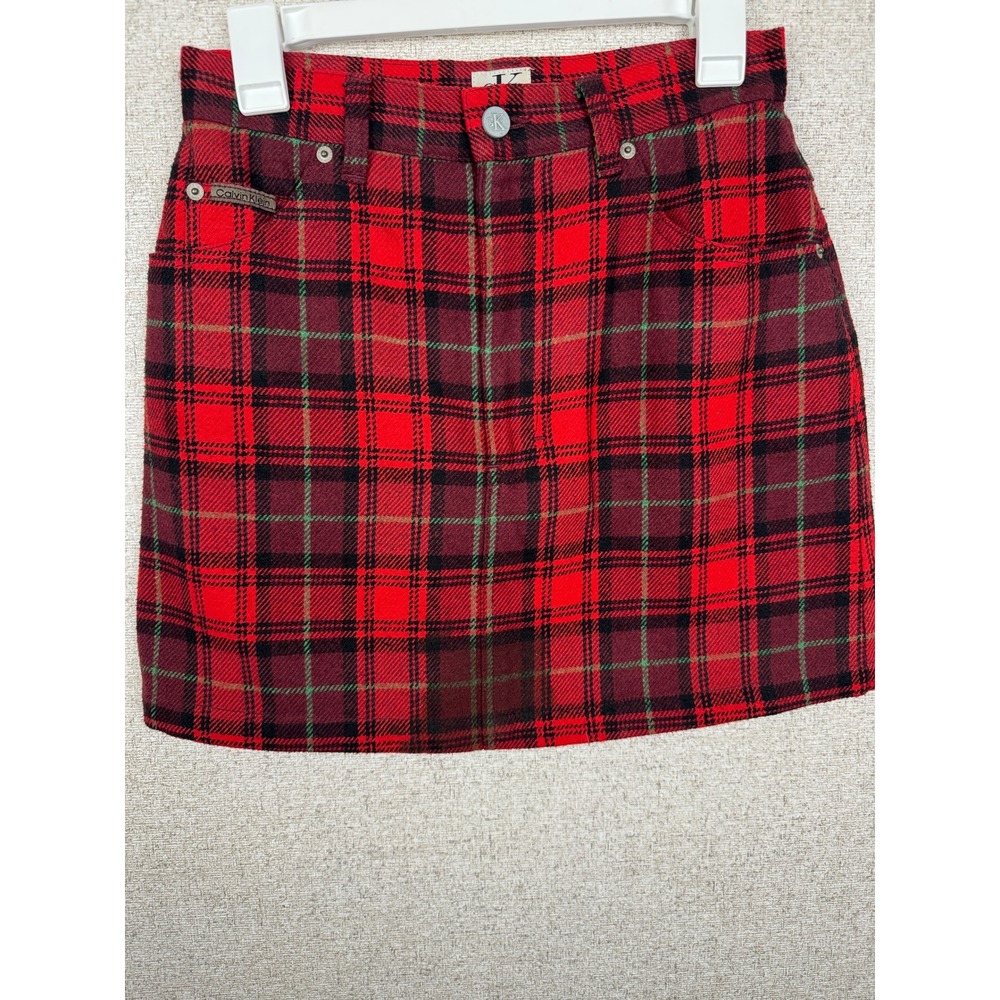 90s Vintage Calvin Klein Jeans Red Plaid Wool Blend Mini Skirt Lined Size 9/10